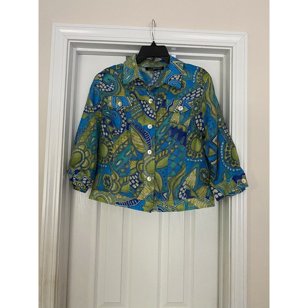 Womens Linear Blue Green size PL‎ Long sleeve button up shirt sheer
